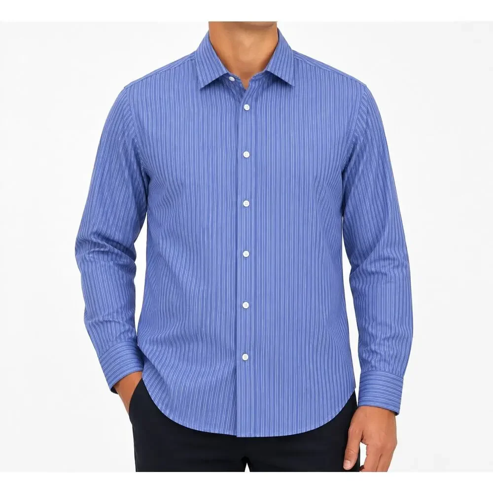 Ike Behar Dress Shirt Mens 16.5 35 Blue White Performance 100 Striped Non-Iron